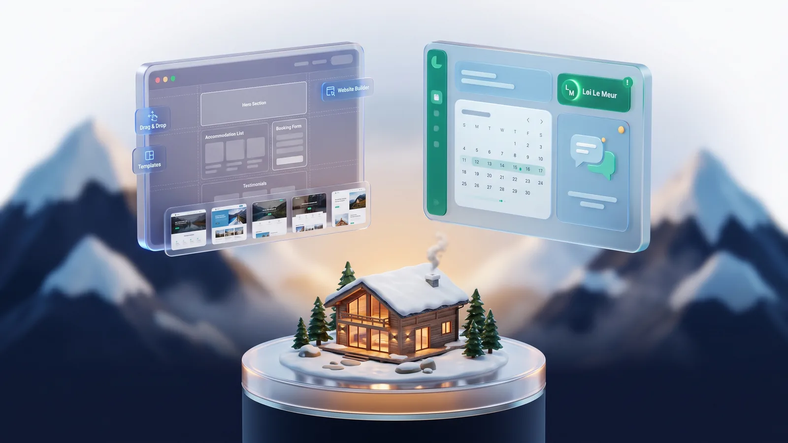 Comparaison de tableaux de bord Lodgify (constructeur de site) et Chanlify (channel manager pur) avec un chalet alpin miniature au centre.