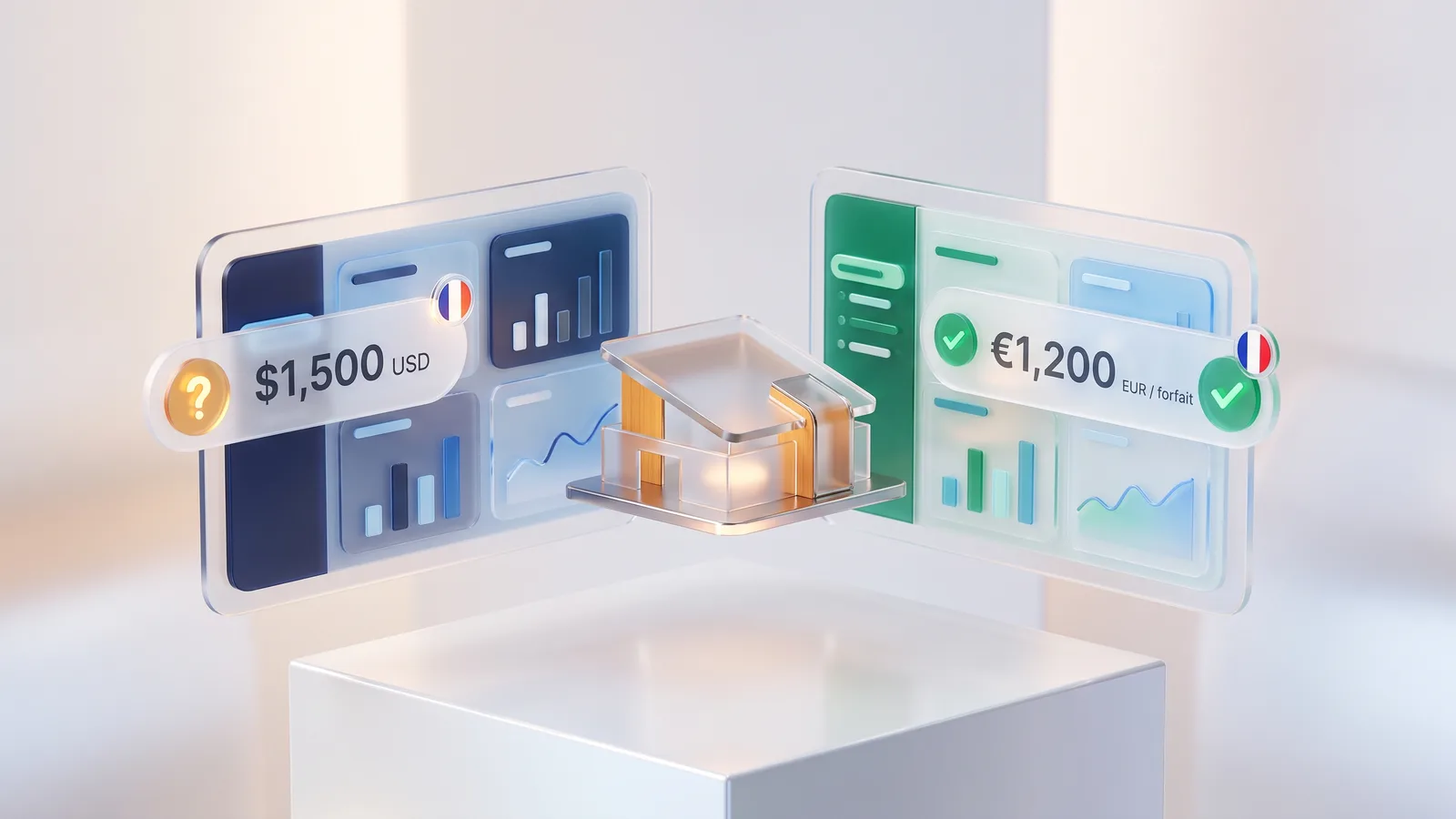 Deux tableaux de bord flottants comparant un tarif USD sans conformité française et un forfait euro conforme, villa miniature