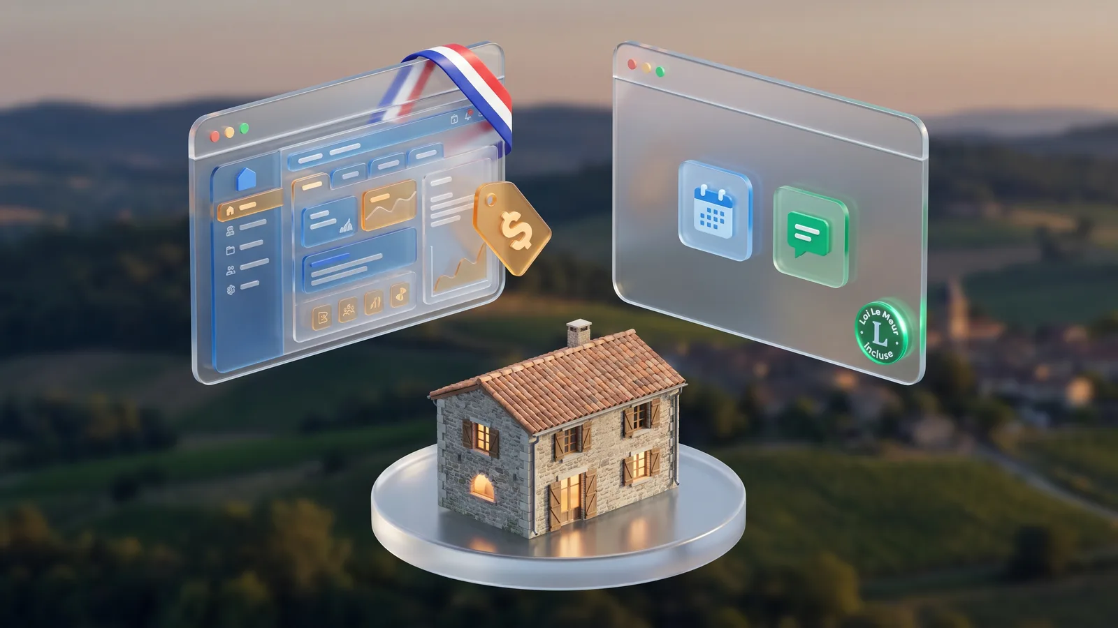 Comparaison de tableaux de bord Superhote (encombré, premium) et Chanlify (épuré, accessible) avec un gîte miniature au centre.